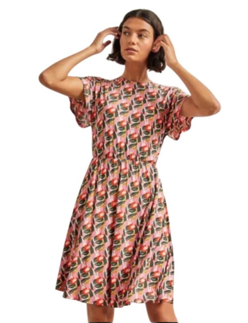 Boden Pink Abstract Bloom Short Flutter Sleeve Jersey Dress